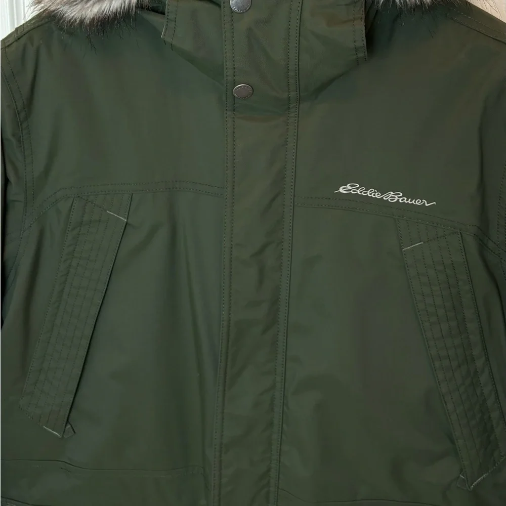Eddie Bauer Men’s Superior Down Parka Jacket Large Army Green w Faux Fur Trim - Picture 12 of 17